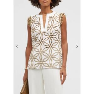Maison Common Embroidered Linen Eyelet Cream Sleeveless Top Size 40 Beach Yacht